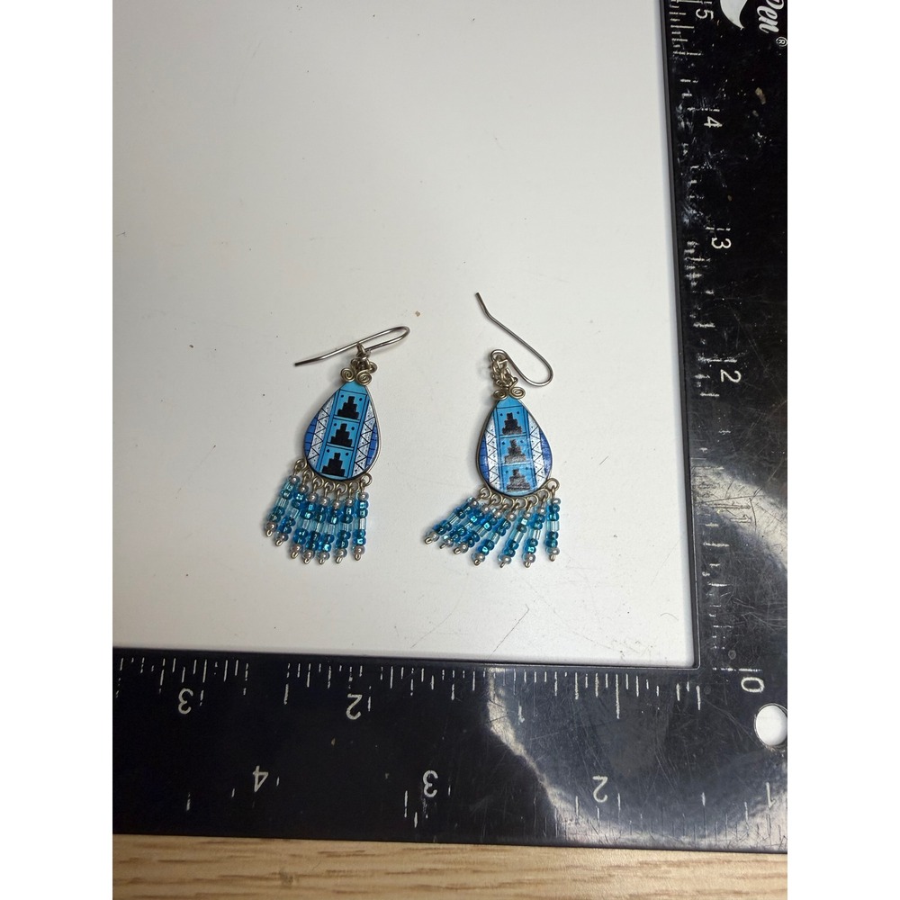 Blue Enamel Teardrop Earrings Geometric Southwest Design Beaded Fringe Dangle